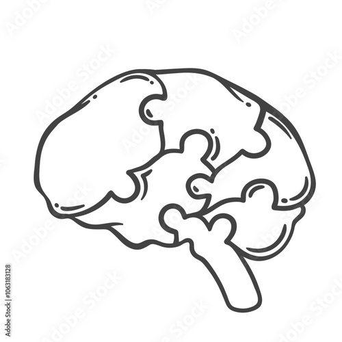 Human brain from puzzle pieces line icon. Outline hand drawn cognitive parts of memory and mind, problem of autism and dementia. Mental health, psychology mascot, brain jigsaw icon vector illustration