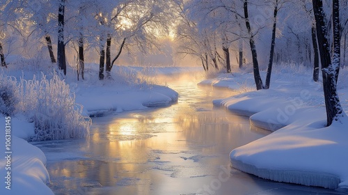 A winter river winds through a snowy landscape, with icy banks and snow-covered trees, reflecting the soft light of winter. photo