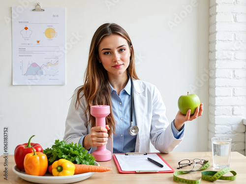 The image illustrates a a female nutritionist formulating a balanced diet for athletes, incorporating low carb and high protein choices to support muscle growth and active metabolism. photo