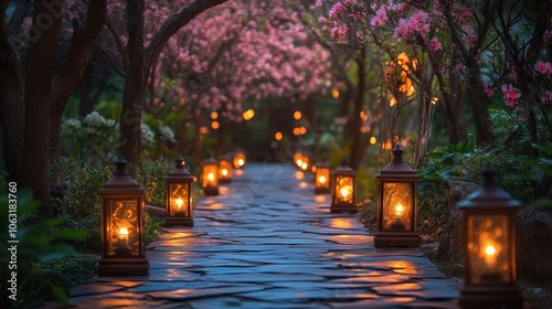 An enchanting spring garden with a stone pathway lined with flowering trees and glowing lanterns, creating a magical evening ambiance