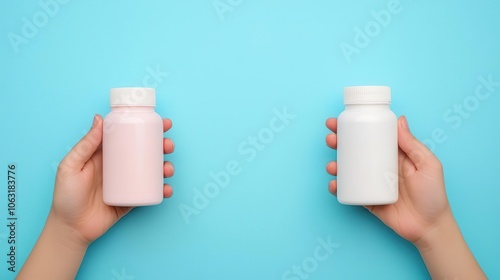 Hands holding brandname vs generic medicine bottles, comparing efficacy for price