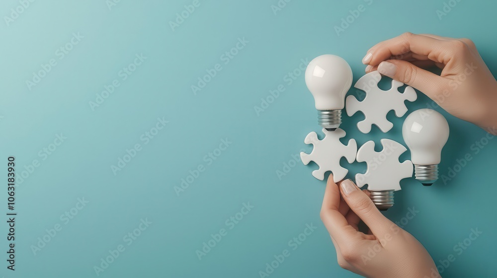 Hands assembling a puzzle of lightbulbs, representing innovative thinking in business Hands assembling a puzzle of lightbulbs, representing innovative thinking in business