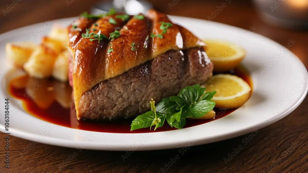 A close-up of a juicy steak with a crispy crust, served with potatoes, lemon wedges, and a rich gravy A close-up of a juicy steak with a crispy crust, served with potatoes, lemon wedges, and a rich gravy
