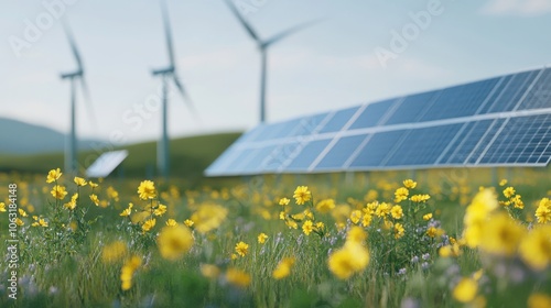 Blurred view of solar panels and wind turbines in a green landscape photo