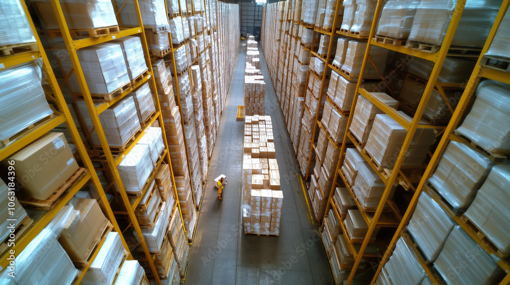 Obraz premium Inside a busy warehouse filled with stacked pallets and organized storage during the day