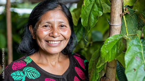 A woman smiles while standing near a cacao plant in a lush green forest