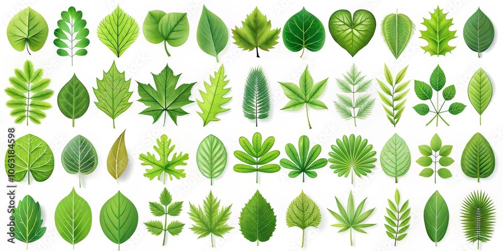 Fototapeta premium 3D Realistic Green Leaf Collection, White Background, Digital Illustration, Leaves, Nature, Botany