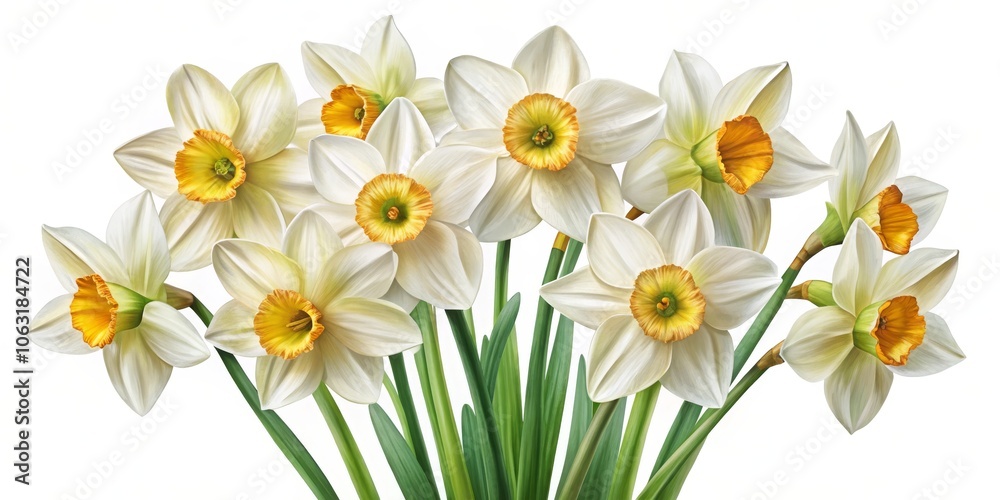 A Bouquet of White Daffodils with Orange Centers, Digital Painting, Close-up, Spring Flowers, White Background, Yellow, Green A Bouquet of White Daffodils with Orange Centers, Digital Painting, Close-up, Spring Flowers, White Background, Yellow, Green