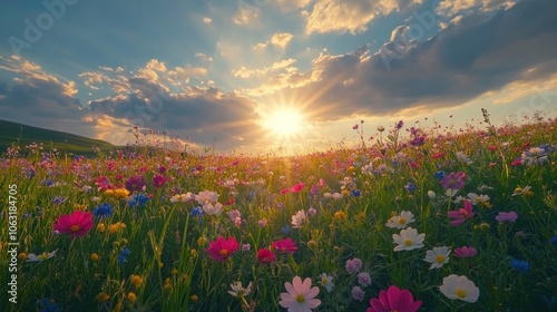 Bright sunlight breaking through the clouds in a spring sky, casting a warm glow over a blooming field of flowers