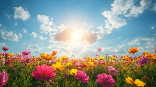 Bright sunlight breaking through the clouds in a spring sky, casting a warm glow over a blooming field of flowers