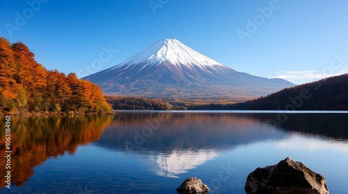 Serene reflection of the majestic Mount Fuji surrounded by the delicate pink blossoms of cherry trees during the spring season in Japan creating a breathtaking and tranquil natural landscape