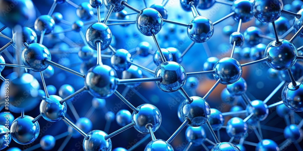 Blue Atoms Connected by Silver Bonds, 3D Render, Molecular Structure, Chemistry, Science, Technology Blue Atoms Connected by Silver Bonds, 3D Render, Molecular Structure, Chemistry, Science, Technology