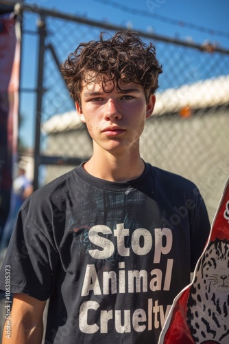 Teenage boy with stop animal cruelty shirt outdoors photo