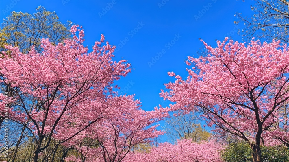 Cherry blossoms in full bloom against a bright blue sky, creating a stunning contrast of pink and blue Cherry blossoms in full bloom against a bright blue sky, creating a stunning contrast of pink and blue