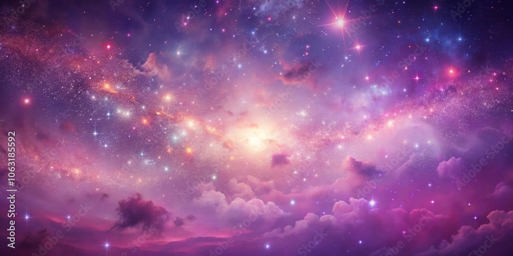 Naklejka premium Cosmic Dreamscape Digital Painting of a Starry Night Sky with Pink and Purple Clouds, Space, Galaxy, Fantasy