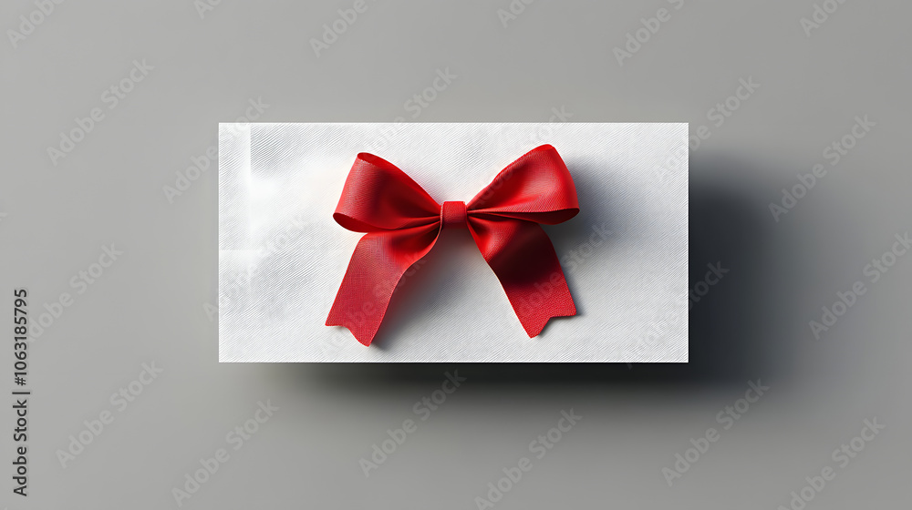 Blank white gift voucher with red ribbon bow or empty gift signboard isolated on grey background with shadow minimal conceptual Blank white gift voucher with red ribbon bow or empty gift signboard isolated on grey background with shadow minimal conceptual