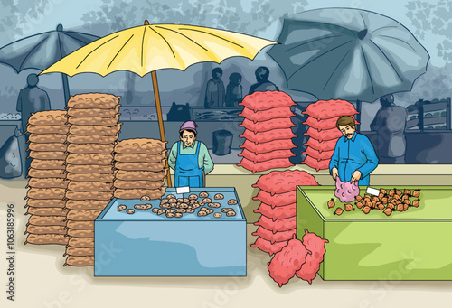 Vendors at the neighborhood market.