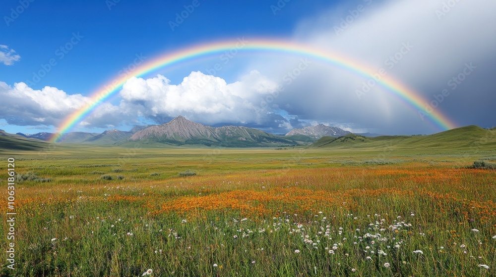 Clear rainbow spanning across a calm countryside scene with scattered clouds and vibrant greenery Clear rainbow spanning across a calm countryside scene with scattered clouds and vibrant greenery