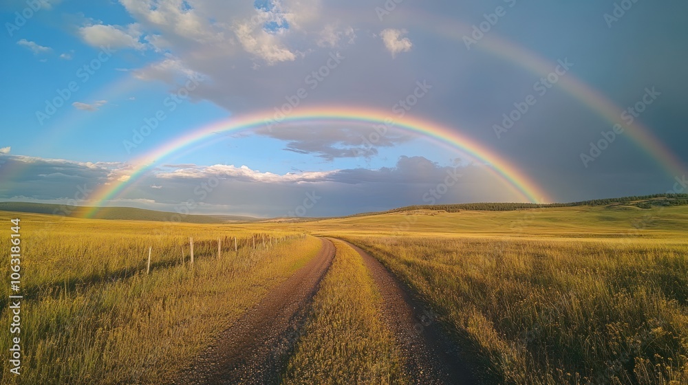 Clear rainbow spanning across a calm countryside scene with scattered clouds and vibrant greenery Clear rainbow spanning across a calm countryside scene with scattered clouds and vibrant greenery