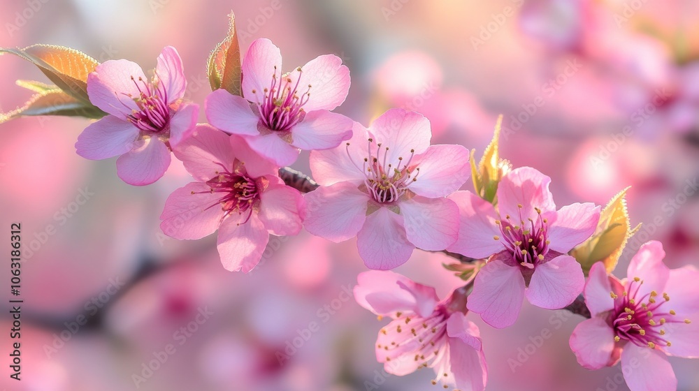 Close-up of cherry blossom branches in full bloom, with delicate pink petals glowing in the soft spring sunlight Close-up of cherry blossom branches in full bloom, with delicate pink petals glowing in the soft spring sunlight