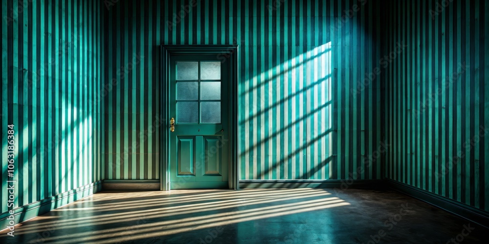 Φωτογραφία Green Striped Room with a Doorway and Sunlight, Striped Wall, Interior Design, R