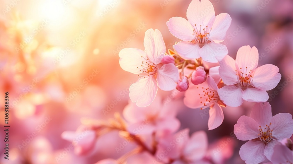 Close-up of cherry blossoms in full bloom, with delicate pink petals glowing in the soft sunlight Close-up of cherry blossoms in full bloom, with delicate pink petals glowing in the soft sunlight