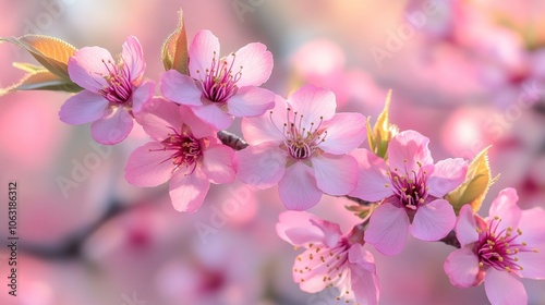 Close-up of cherry blossom branches in full bloom, with delicate pink petals glowing in the soft spring sunlight