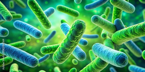 Microscopic View of Rod-Shaped Bacteria Green and Blue, 3D Rendering, Bacterial Morphology, Microorganisms, Cell Structure, Microscopy, Microbiology photo