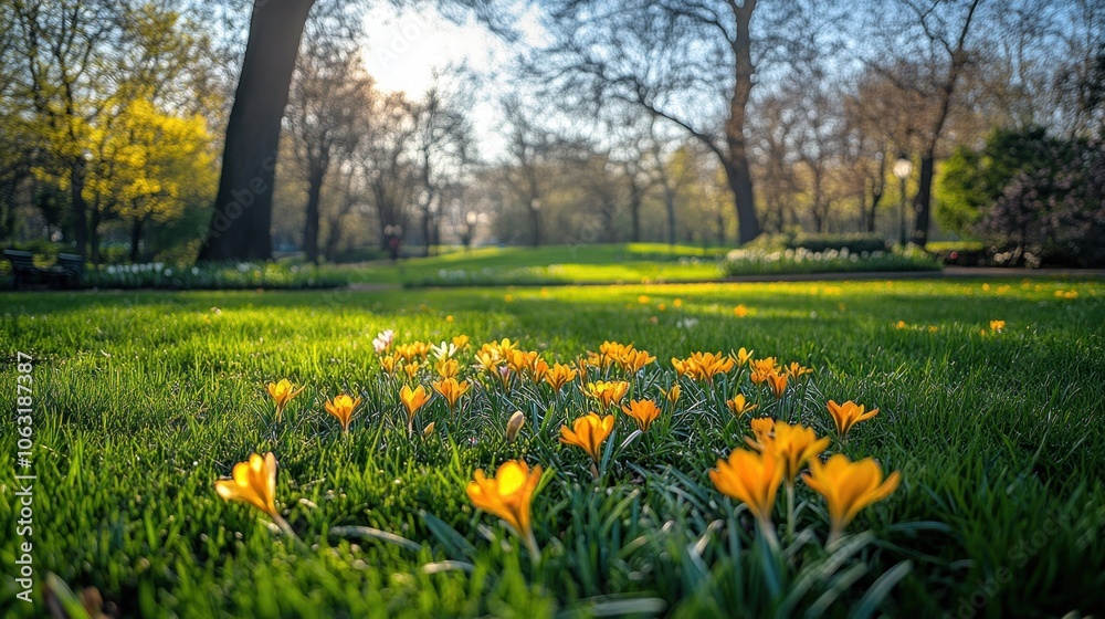 Fototapeta premium Daffodils and crocuses blooming in a park, with green grass and trees just beginning to bud