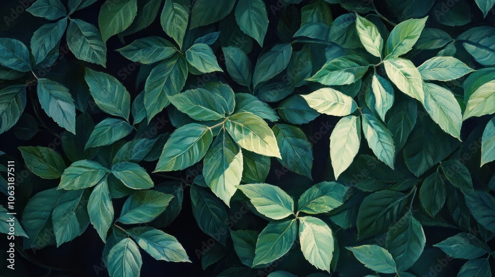 Dark green leaves with fine veins, natural light through, creating realism and life Dark green leaves with fine veins, natural light through, creating realism and life