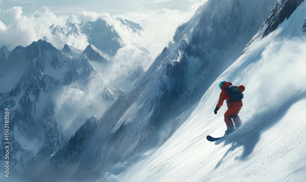 Snowboarder descends snowy mountain peak. Snowboarder descends snowy mountain peak.