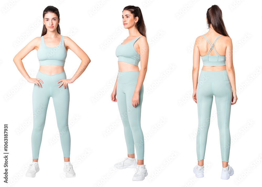 Woman png mockup in green sports bra and yoga pants Woman png mockup in green sports bra and yoga pants