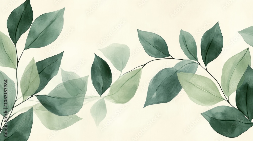Delicate hand-painted leaf lines, simple and rounded curves in light green tones Delicate hand-painted leaf lines, simple and rounded curves in light green tones