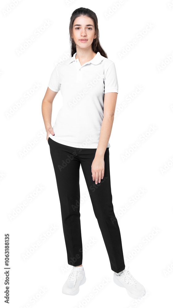 Png polo shirt mockup in white women's casual business wear full body