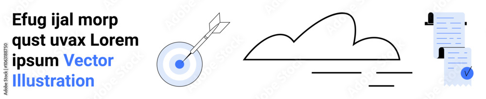 Target with arrow, cloud icon, and documents with blue seal. Ideal for business goals, project management, cloud services, data storage, corporate presentations, tech visuals, educational materials Target with arrow, cloud icon, and documents with blue seal. Ideal for business goals, project management, cloud services, data storage, corporate presentations, tech visuals, educational materials
