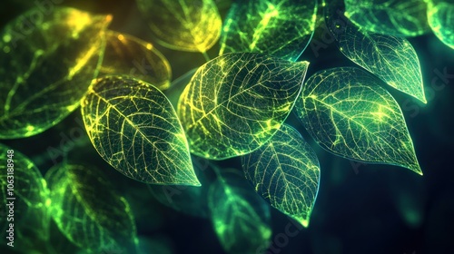 Digital leaves made with geometric lines, neon reflections in bright green tones, creating a futuristic atmosphere. photo