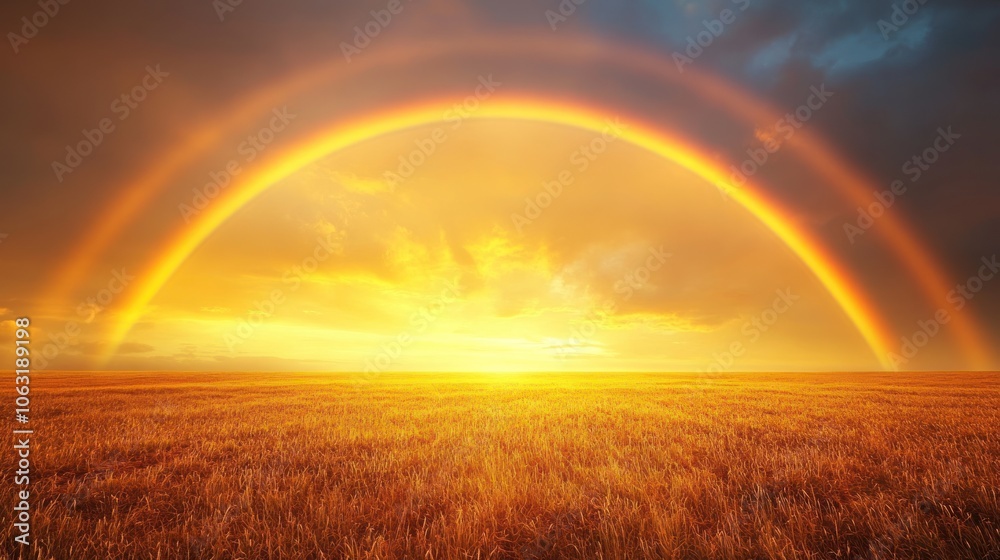 Double rainbow illuminated by the setting sun over a golden field with a glowing sky Double rainbow illuminated by the setting sun over a golden field with a glowing sky