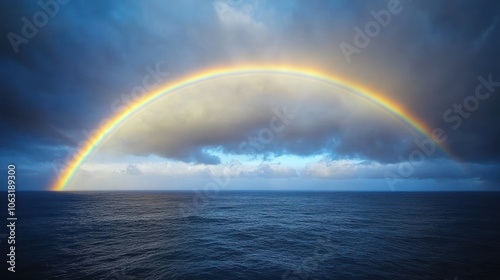 Double rainbow shines after a light rainstorm with dark clouds clearing over a calm ocean