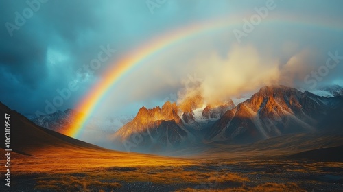 Wallpaper Mural Dramatic rainbow cutting through the stormy sky above towering mountain cliffs Torontodigital.ca