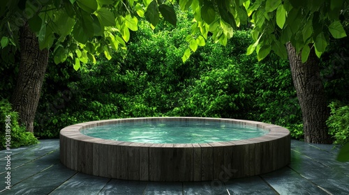 Serene Retreat: Rustic Hot Tub Amid Verdant Forest with Natural Shade