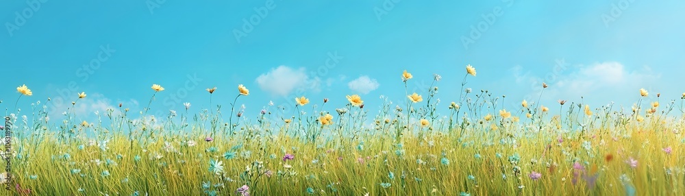 A Vibrant Field of Wildflowers Against a Blue Sky A Vibrant Field of Wildflowers Against a Blue Sky