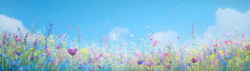 A Vibrant Field of Wildflowers Against a Clear Blue Sky A Vibrant Field of Wildflowers Against a Clear Blue Sky