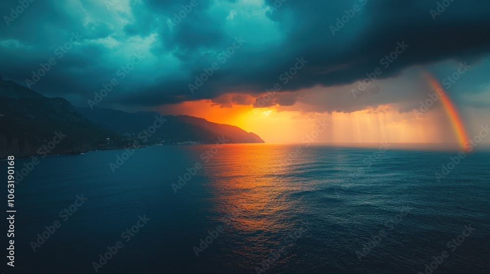 Faint rainbow appearing over the sea after a rainstorm, with dark clouds clearing and the sun peeking through Faint rainbow appearing over the sea after a rainstorm, with dark clouds clearing and the sun peeking through