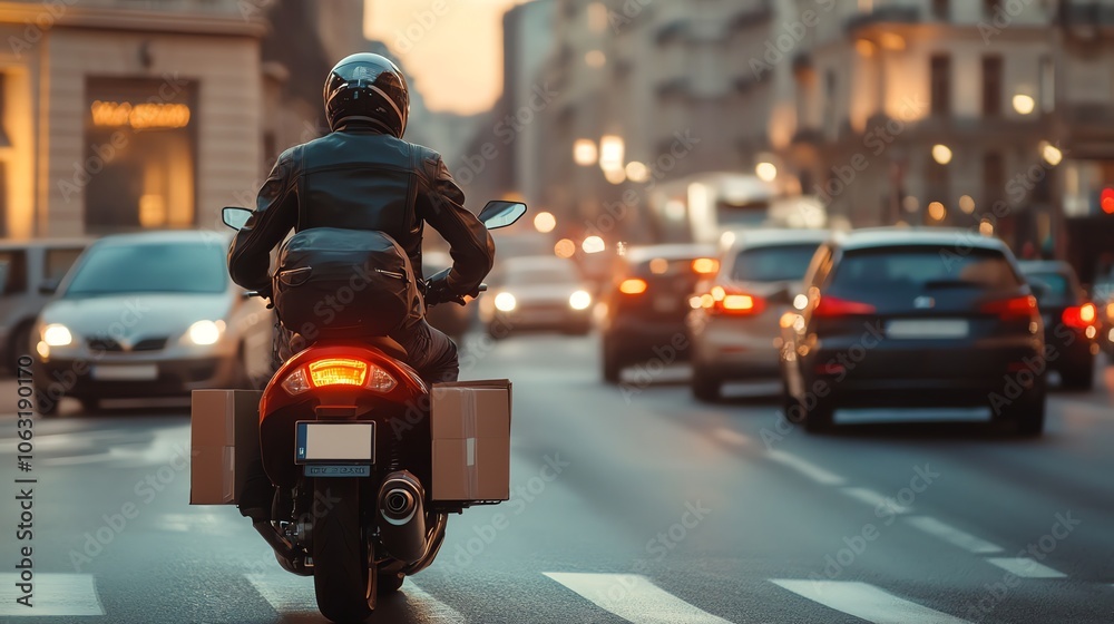 A delivery driver on a scooter rides through city traffic, carrying a box. A delivery driver on a scooter rides through city traffic, carrying a box.