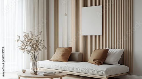 White minimalist living room interior with sofa on a wooden floor