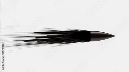 A dynamic, high-contrast image featuring a dark, sleek bullet in motion with a visible trail, isolated on a clean white background