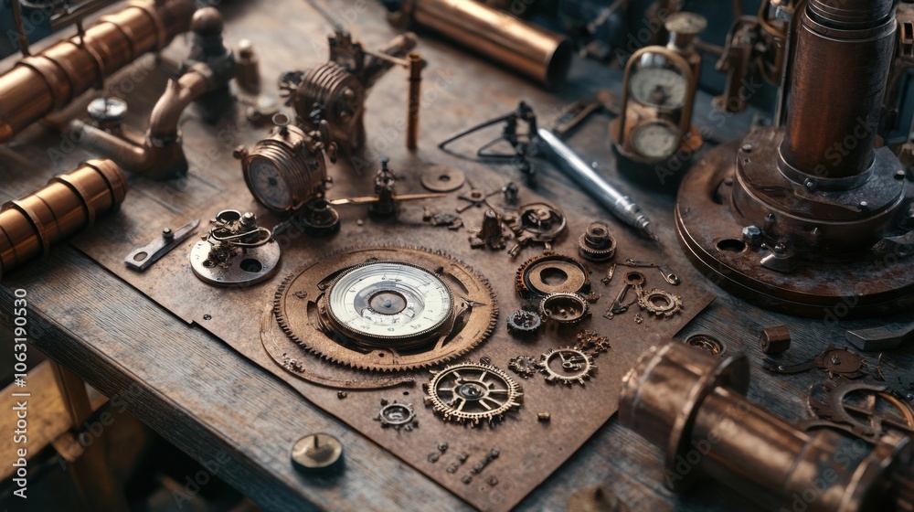 Mechanical Inventions: A close-up of intricate steampunk Mechanical Inventions: A close-up of intricate steampunk