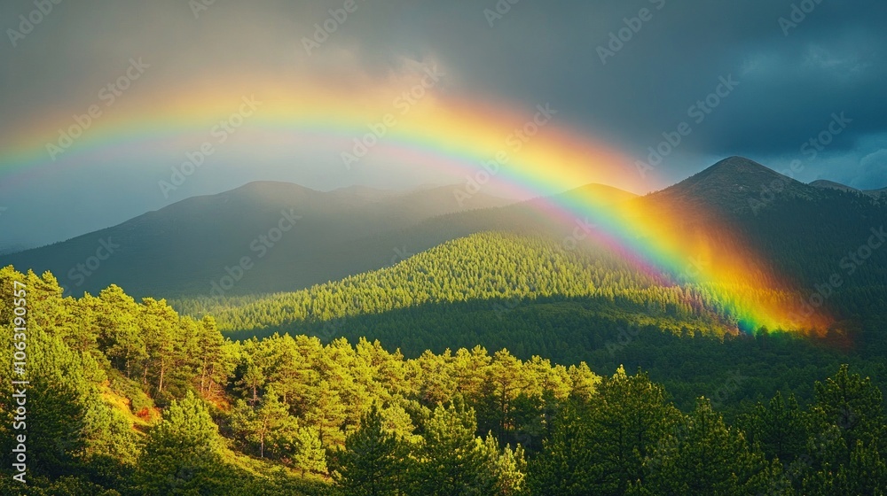 Obraz premium Full rainbow arching across a remote mountain scene with a dense forest at the base