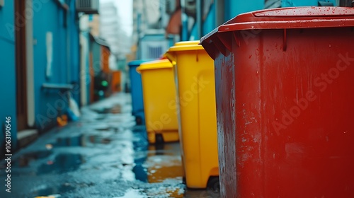 Close-up of colorful garbage cans in an alleyway, Colorful trash bins in alley with blurred background