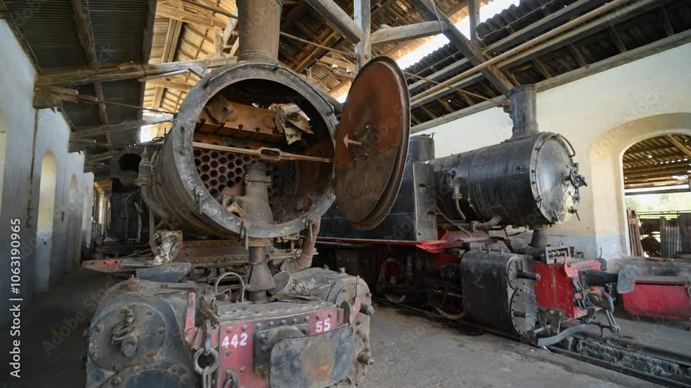 Old and rusty train locomotives, Asmara disused station, Eritrea, Africa. Old and rusty train locomotives, Asmara disused station, Eritrea, Africa.